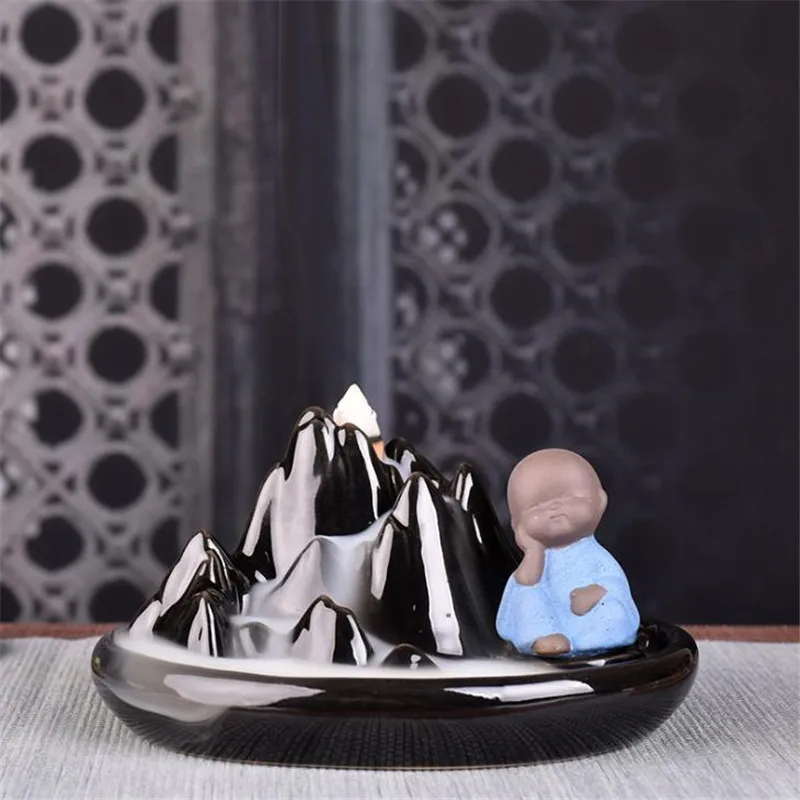Small Black Incense Burner Monk Ceramic Mountain Smoke Waterfall Incense Cones Holder Portable Burner Home Aromatherapy Censer