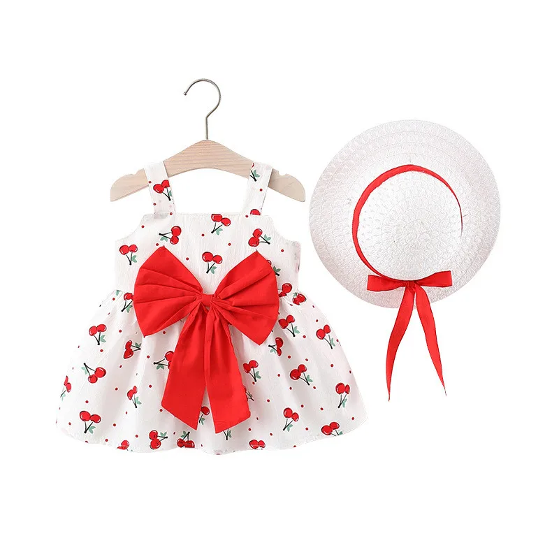 

Baby Girls Dress Cotton big bow Princess Dresses Summer Beach Suspender dress with Straw Hat Children Clothes Birthday Gifts