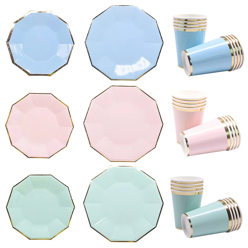 24pcs/set Green Pink Blue Paper Plates Cups Disposable Tableware Set for Wedding Birthday Party Baby Shower Supplies Gold Decor