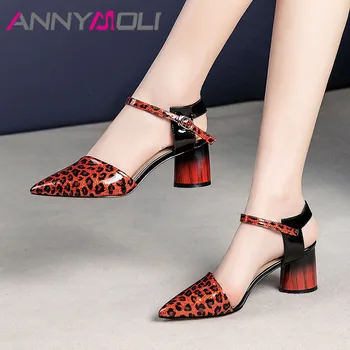 

ANNYMOLI High Heels Women Pumps Natural Genuine Leather Round High Heel Shoes Real Leather Buckle Pointed Toe Shoes Ladies 34-39