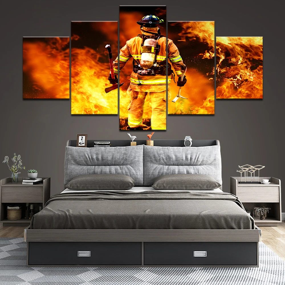 

Decoration Posters Modular Picture On Canvas Wall Art Home 5 Panel Firefighter Living Room Modern HD Printed Painting Framed