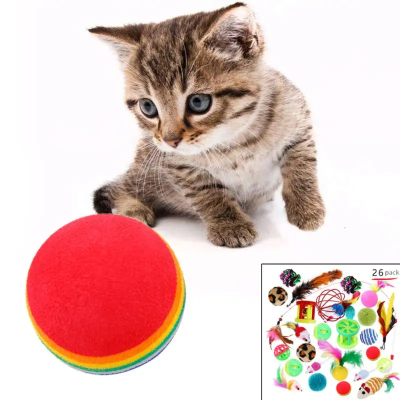 26 шт. кошка котенок игрушки палочка-Дразнилка с перьями мыши красочные шарики колокольчики для домашних животных