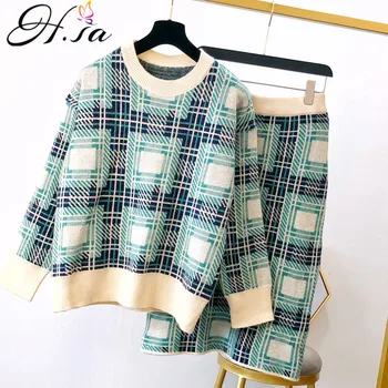 

Hsa Woman Sweater Suits Knit Casual Tracksuits Crewneck Pullovers+Drawstrings Elastic Pants Two Piece Sets Female Outfits
