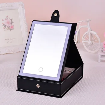 

LED Makeup Mirror Touch Screen With Light Portable PU Leather Table Desktop Lighted Foldable Rectangle Cosmetic Mirror