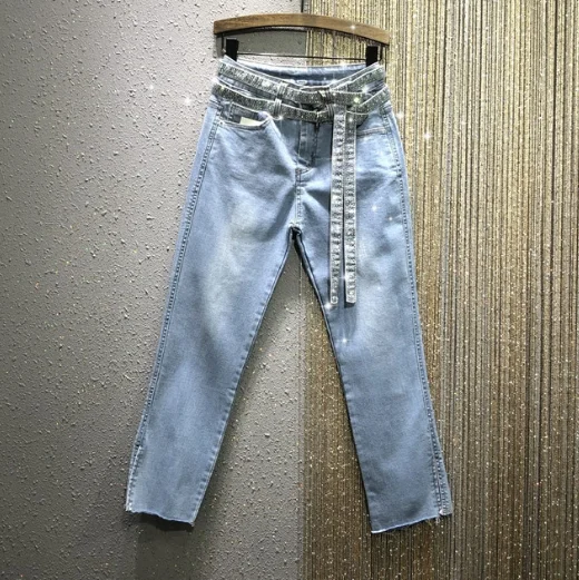 

European Style Jeans Woman 2020 Spring New Hot Drilling Waistband High-Waist Straight Slit Frayed Denim Pants Women's Jean Jeans