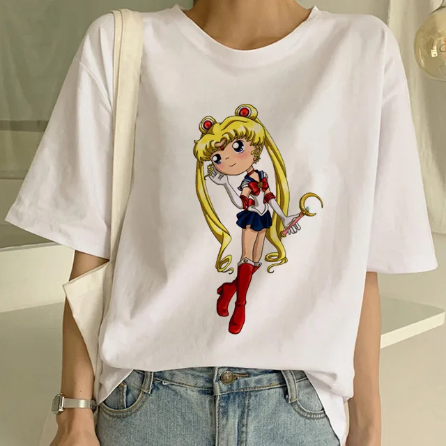 Sailor Moon/летняя новая модная футболка Женская Harajuku короткий рукав забавная футболка Ulzzang футболка с милым котом женские футболки с рисунком