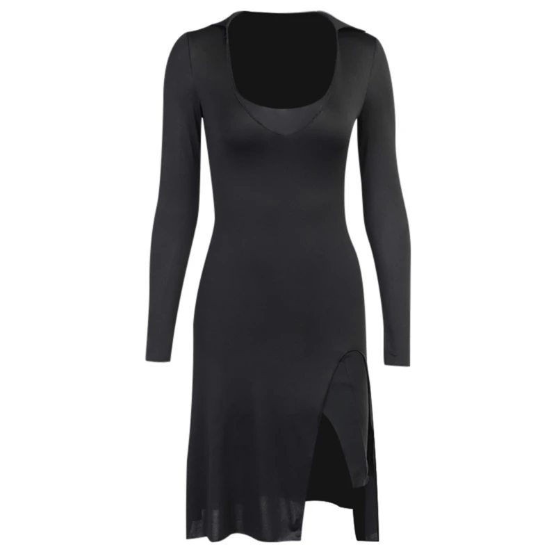 

Women Long Sleeve Sexy Deep U-Neck Side Split Hem Package Hip Bodycon Midi Dress