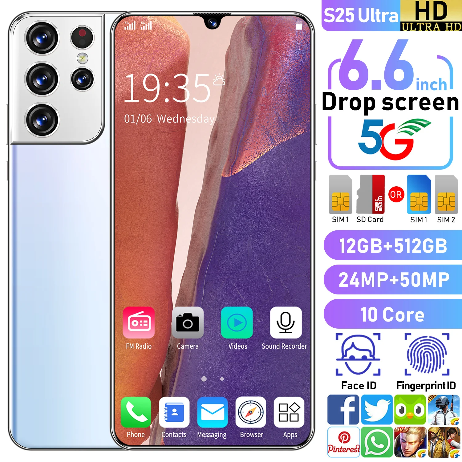 2021New Arrival Version S25 Ultra 6.6Inch Cellphone HD 6000mAh 12+512GB Face ID Recognition 24+48MP Rear Cameras 5G Mobile Phone