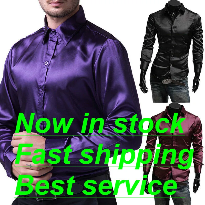 

Men's Luxury Button up Shirt Top Long Sleeve Shiny Silk Like Satin Dance Prom Dress Shirt