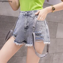 С застежкой на плече; регулировать подтяжки рваные полые Бисер заклепки отверстие в стиле «хип-хоп», «панк» Для женщин модные короткие джинсовые женские укороченные брюки больших размеров