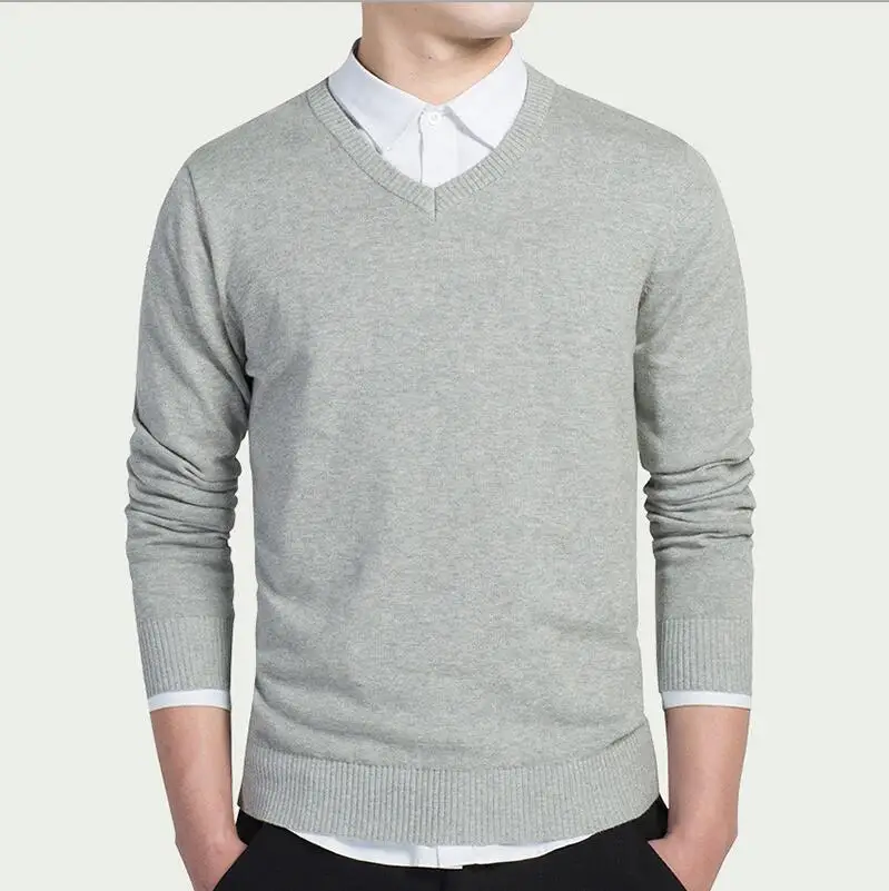 Light Gray Men's Fashion Boutique Pure Color Cotton Cardigan V-neck Formal Social Business Knitting A Sweater Male Sweater - Цвет: Light Gray