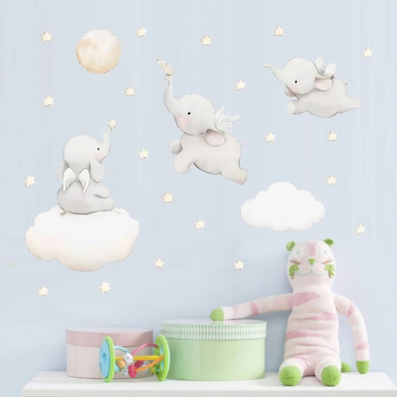 Mamalook1 Juego De Pegatinas De Pared De Elefante Bonito Con Alas Pegatinas Autoadesisivas Bonitas Para Living De Bebé Decora
