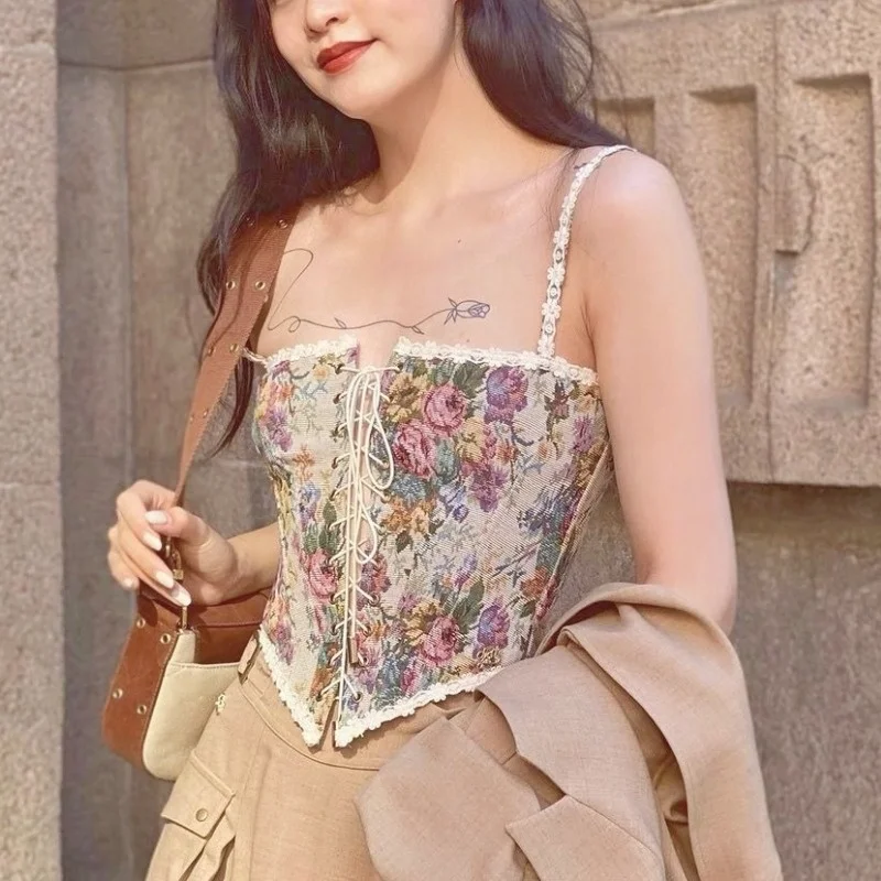 2021 Women Elegant Designer French Vintage Print Halter Tops Chic Bandage Floral Corset Shirts Sexy Style Party Club Ladies Top
