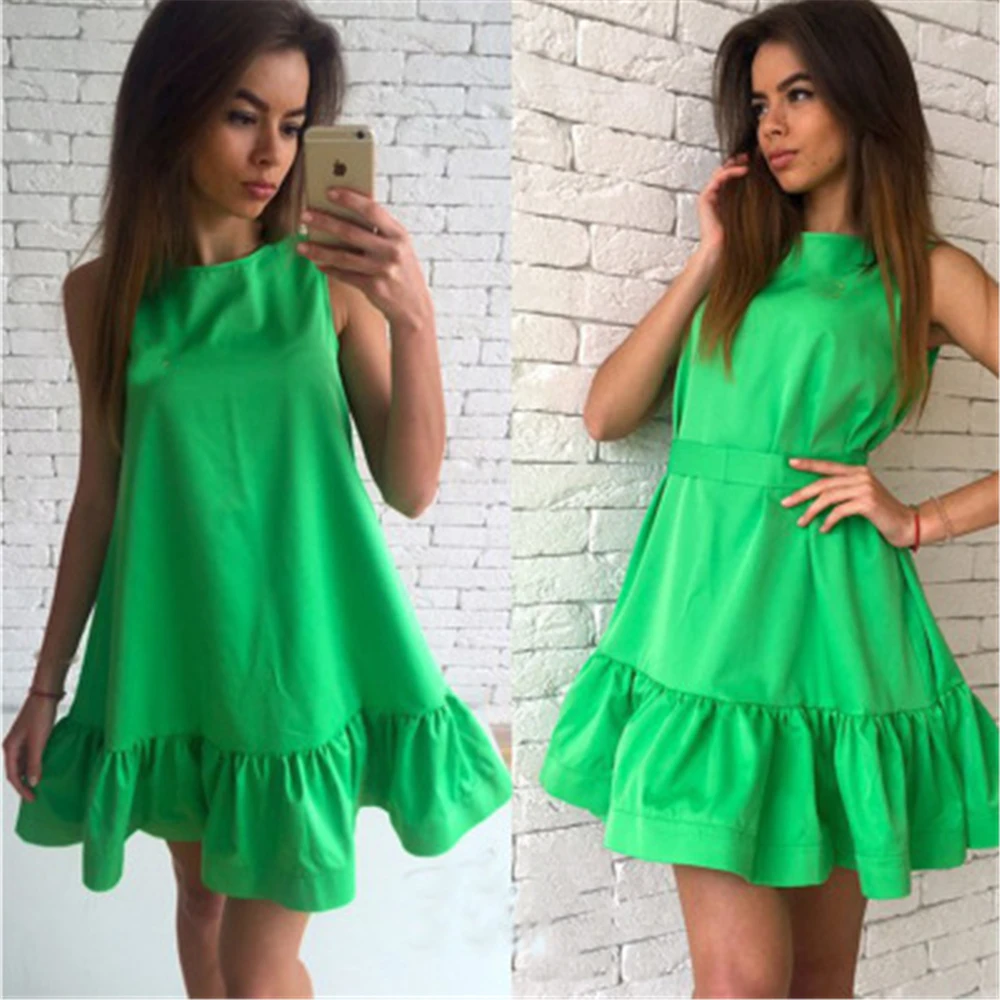 

Women Summer Dress Fashion Ruffled A-line Dresses for 2019 Sleeveless Mini Short Sexy Beach Dress Blue Red Party Sundress Female