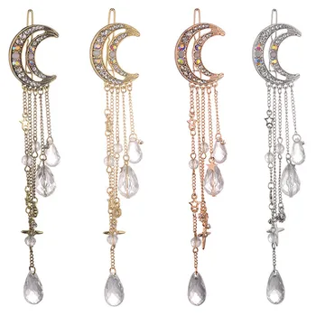 

Charming Long Elegant Moon Crystal Tassels Hair Clip Gold/Rose Gold/Silver/Bronze Color Hair Accessories