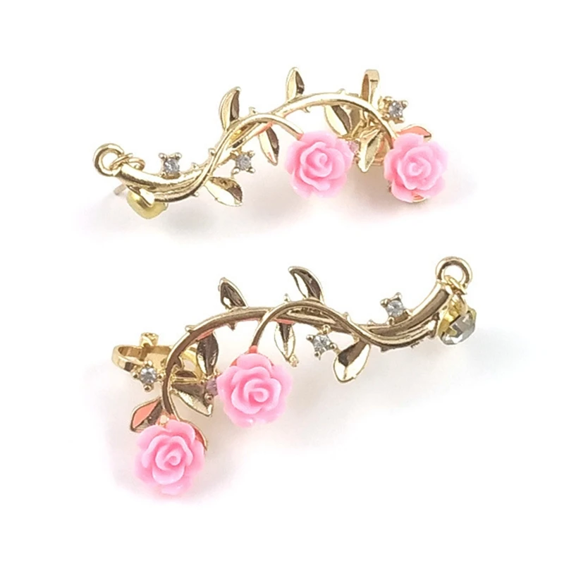 Vintage Rose Flower Cuff Earrings Trendy Rose Flower Climber Crawler Earrings Sparkly Metal Leaf Ear Cuff for Women Girl ear clip earrings clip earrings ear clip ear accessories