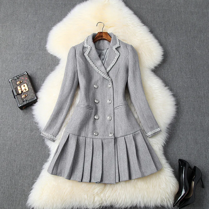 Women autumn winter dress long sleeve ruffles hem diamonds beading brand desinger double breasted notched collar woolen dresses