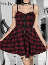 

InsDoit Gothic Plaid Red Zipper Dress Women Vintage Sleeveless Backless Sexy Mini Dress Punk Streetwear Y2K Summer A Line Dress