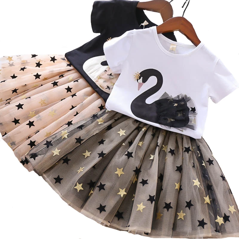 Kids Clothing Set Girls Clothing Set Swan T-Shirt + Star Mesh 2Pcs Suit 2 Colors