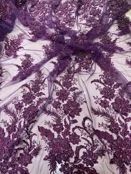 

top quality purple color handmade beaded big floral luxury exquisite mesh sequins embroidery french african lace fabric bride
