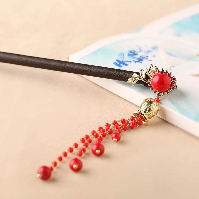 WUXIA ручной работы деревянные красные бусины камушки заколка для волос аксессуары для волос Головные уборы булочки вверх-сделать инструменты для ханьфу кимоно COSPLA