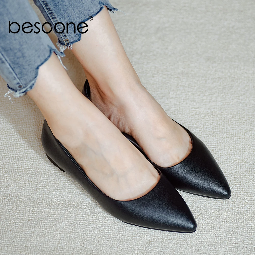 BESCONE Flats Women Leisure Handmade Female Shoes Shallow Solid Big Size 3344 Spring Autumn Concise Office Job Lady Shoes BO858