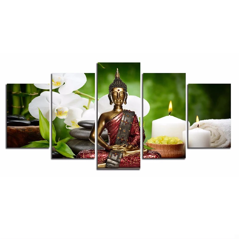 

5 Pieces Canvas Print Modern Fashion Wall Art the White Orchid Candles Buddha Landscape for Home Decoration No Frame