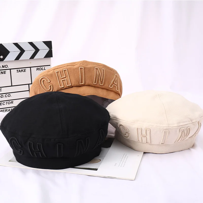 

Hat Women's Korean-style Versatile Lettered Embroidered Beret England Retro Spring And Summer Days nan gua mao Spring bei lei ma