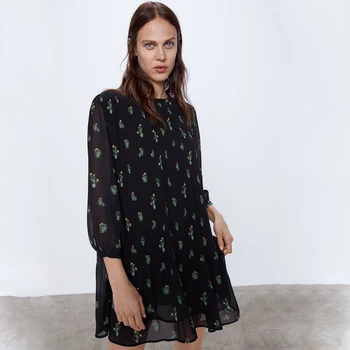 

ZA Print Dress 2019 New Autumn Women Long Sleeve Pleated Small Fresh Cactus Print Long Chiffon Dress Party Gifts Wholesale