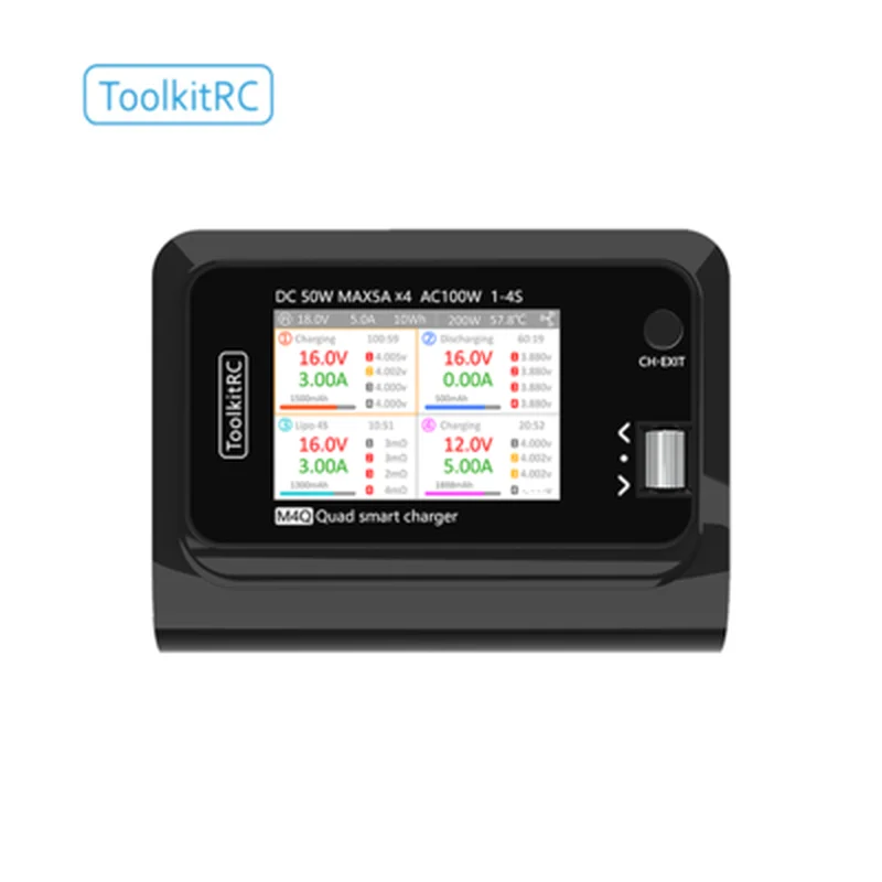 ToolkitRC M4Q 4x50w 5A 1-4S AC 100W 4 Ports XT60 XT30 DC Smart Charger 32 Bit ARM IPS Bright Clear Wide Angle Display