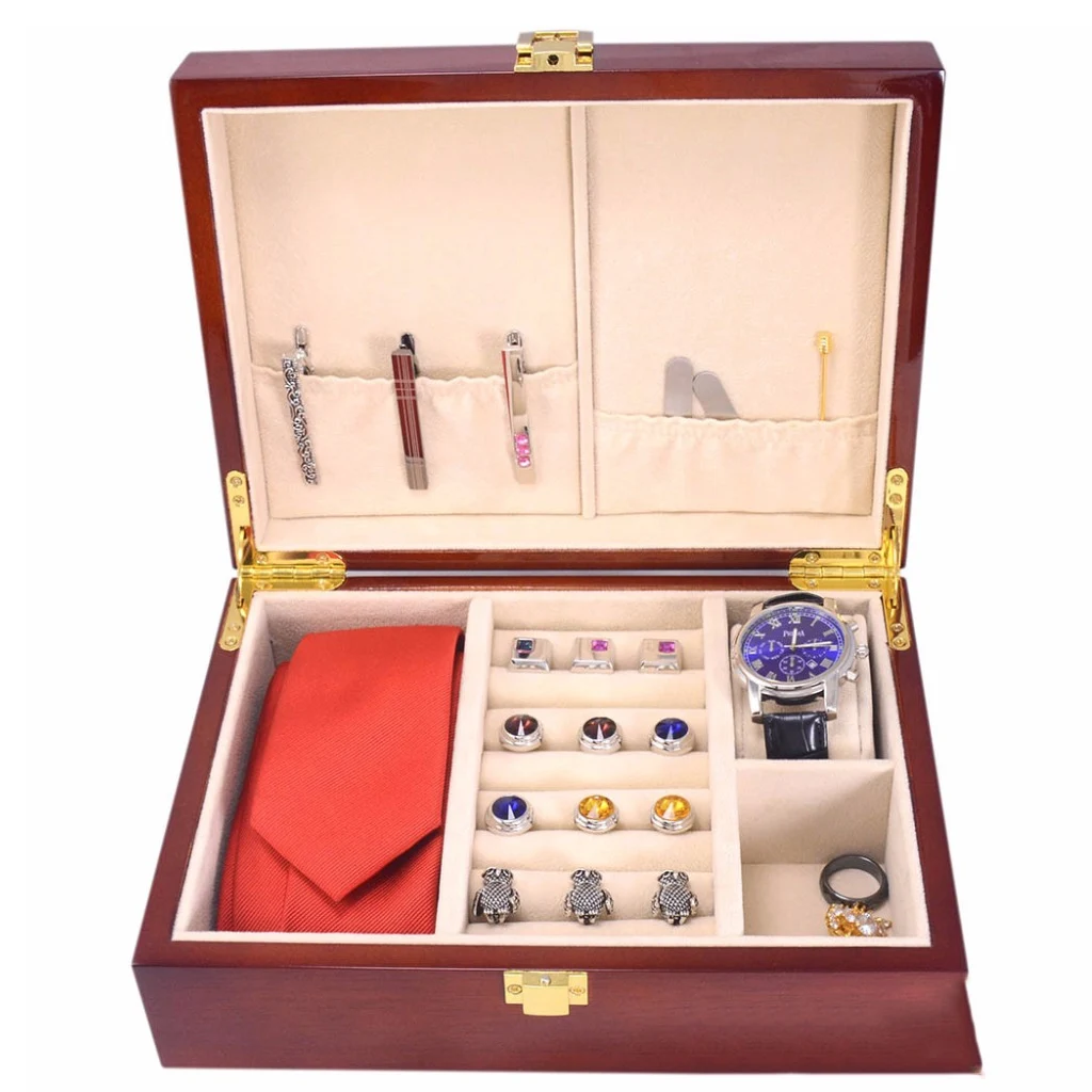 Роскошные большие деревянные вишневые запонки дисплей коробка для хранения Органайзер кольцо галстук