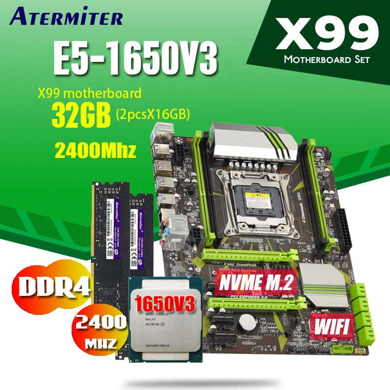 Atermiter X99 материнская плата ЦПУ процессор ОЗУ набор с Xeon E5 1650 V3 2 шт. * 16 ГБ = 32 Гб 2400