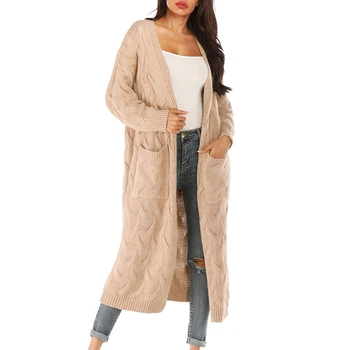 

Women Autumn Winter Elegant Fashion Design Large Size Loose Solid Color Pocket Knit Thick Sweater Cardigan Apricot 2019