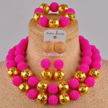 

fuchsia pink costume necklace african set beige simulated pearl nigerian beads jewelry set ZZ08