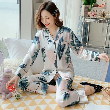 

Satin Silk Plus Size 2XL Women's Pajamas Set Bathrobe Spring Long Sleeve Pajama Sets Female 2020 Summer Loose Woman Home Clothes