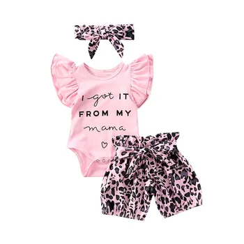 

Kid Toddler Baby Girls Flying Sleeve Letter Print Romper+Leopard Shorts+Bowknot Headband 3-piece Set