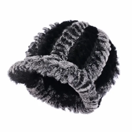 Grey With Black Элегантная женская зимняя меховая шапка из натурального меха Рекс, шапка в форме кролика, женские утепленные русские головные уборы ручной работы в Вертикальную Полоску - Цвет: Grey With Black
