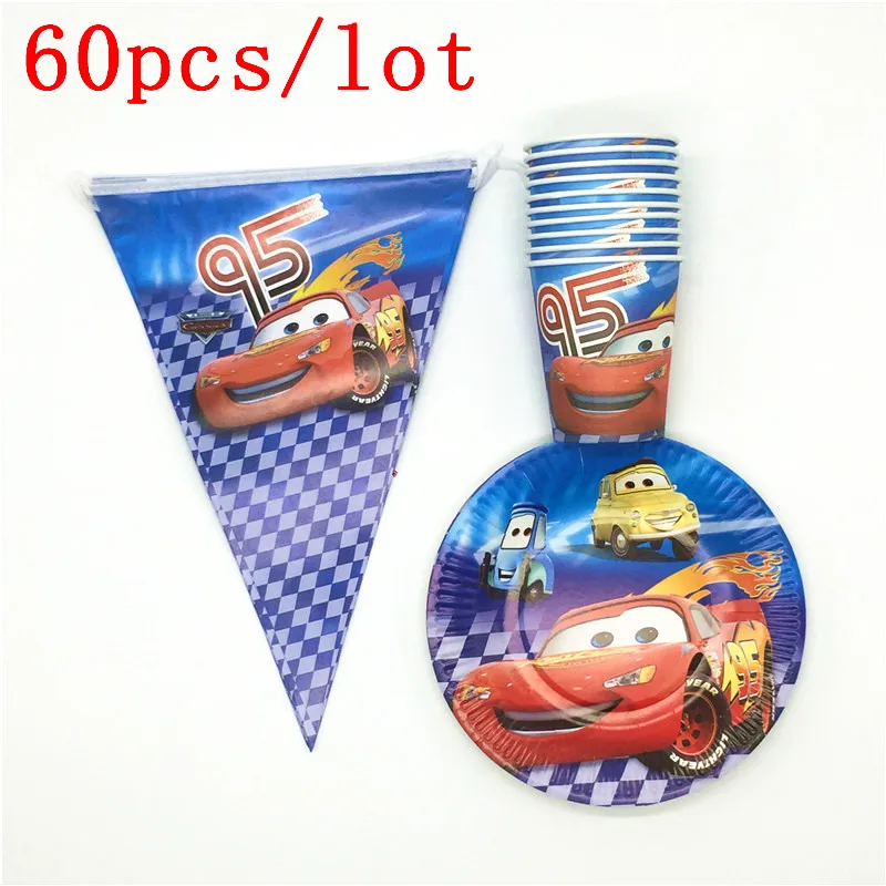 BeiPanQi 60pcs 30 шт./60 шт. disney мультфильм Автомобильная тематическая Печать молния McQueen Дети День рождения украшения чашки тарелки флаги поставки - Цвет: BeiPanQi 60pcs