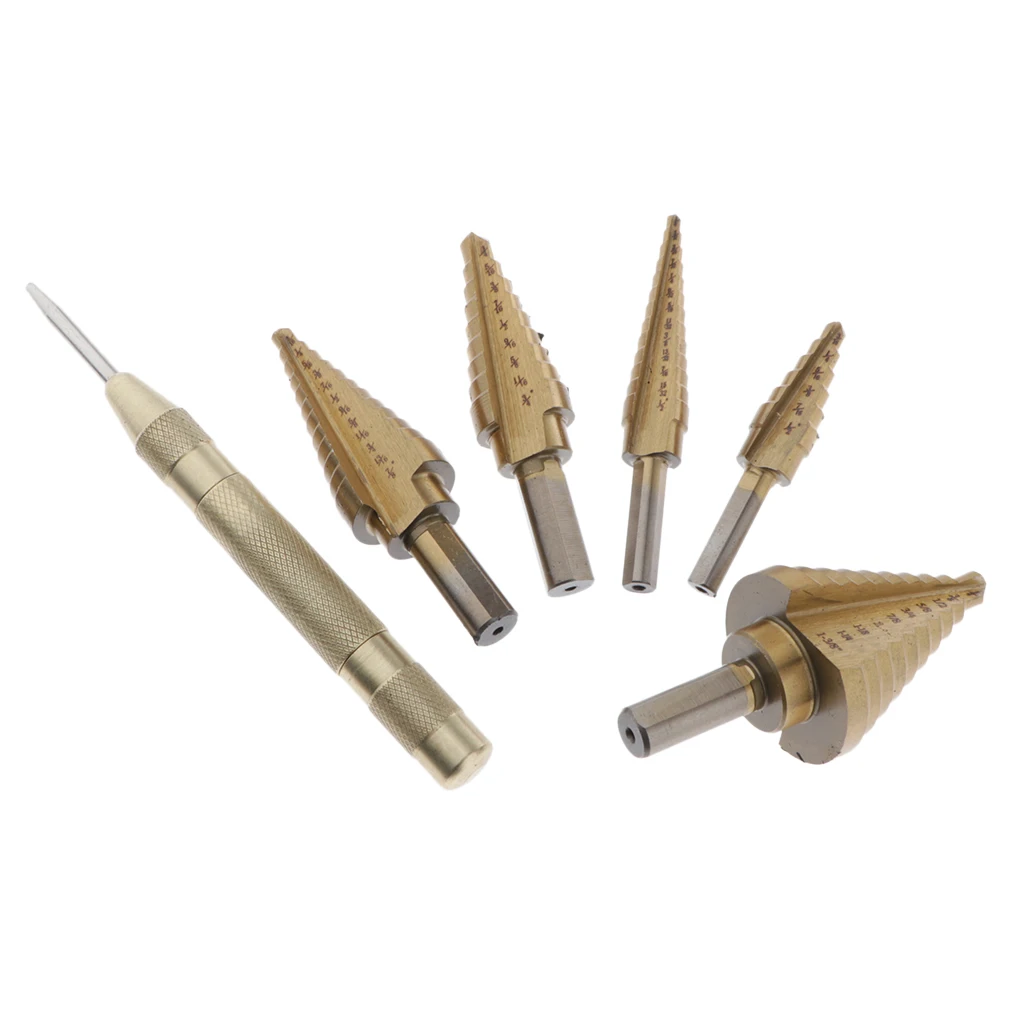 5Pcs Titanium Step Drill Bit Set, High Speed Steel, 1/8'' - 7/8'', with HSS Multiple Hole Drilling Cutting with Storage Case