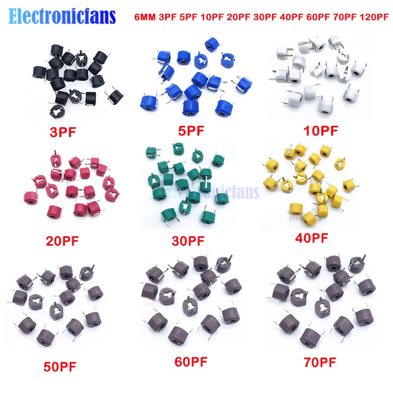 Diymore 10 шт./лот триммер переменной постоянной ёмкости, универсальный конденсатор Керамика 6 мм конденсатор с алюминиевой крышкой комплект 3PF 5PF 10PF 20PF 30PF 40PF 60PF 70PF 120PF для Arduino