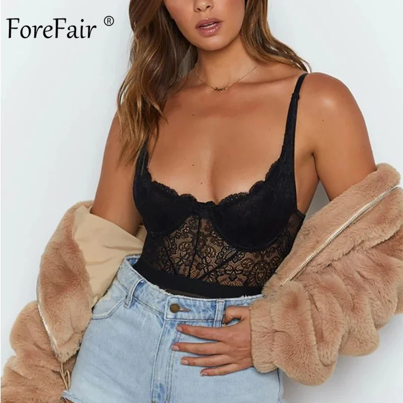 Женское прозрачное боди с вышивкой Forefair Черное Кружевное без рукавов лето 2019 |