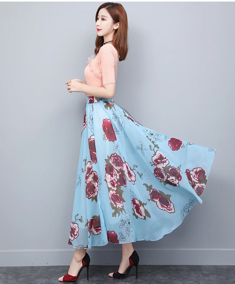 Винтажная длинная юбка с цветочным принтом для женщин, новинка, трапециевидные макси юбки размера плюс, эластичная шифоновая юбка с высокой талией, 8 цветов, Saias