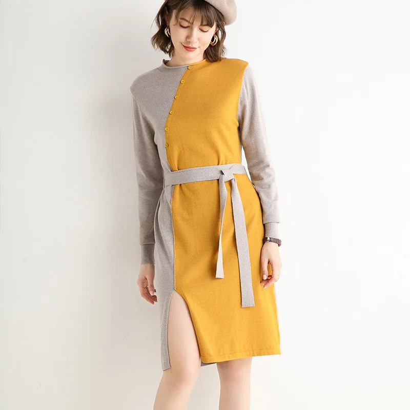

Casual Knitted Dress Patchwork Color Long Sweater Ladies Make You Like Slim Fashion Basic Clothe