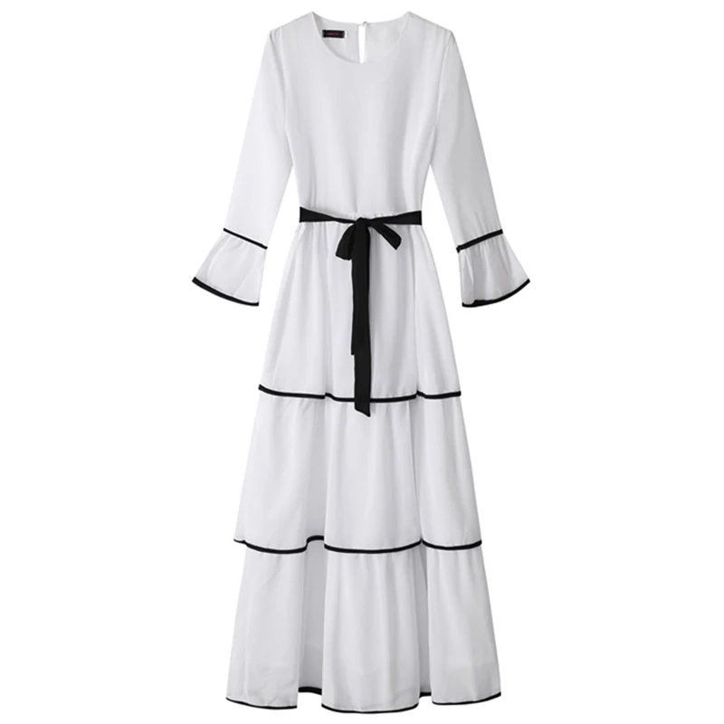 white dress Siskakia, мусульманское женское платье, белое, с круглым вырезом, расклешенное, с длинным рукавом, многослойное, нарядное платье, модное, черное, белое, хит, цвет, макси, платья, осень - Цвет: white dress