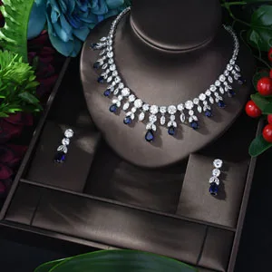 blue HIBRIDE Блестящий AAA кубический цирконий свадебное ожерелье набор украшений для женщин свадебное платье аксессуары ensemble de bijoux N-1173 - Окраска металла: blue