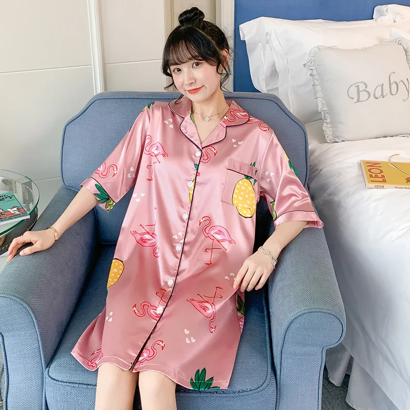 

[Temperature Attitude Warm] Spring Summer Pajamas WOMEN'S Cardigan Long Sleeve Mid-length-Printed Thin Shirt Nightgown