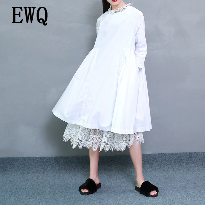 [EWQ] новая весенняя мода, круглый вырез, кружевная кромка, однотонное Плиссированное стежка, длинный рукав, два предмета, большой размер, свободное платье для женщин Y13100