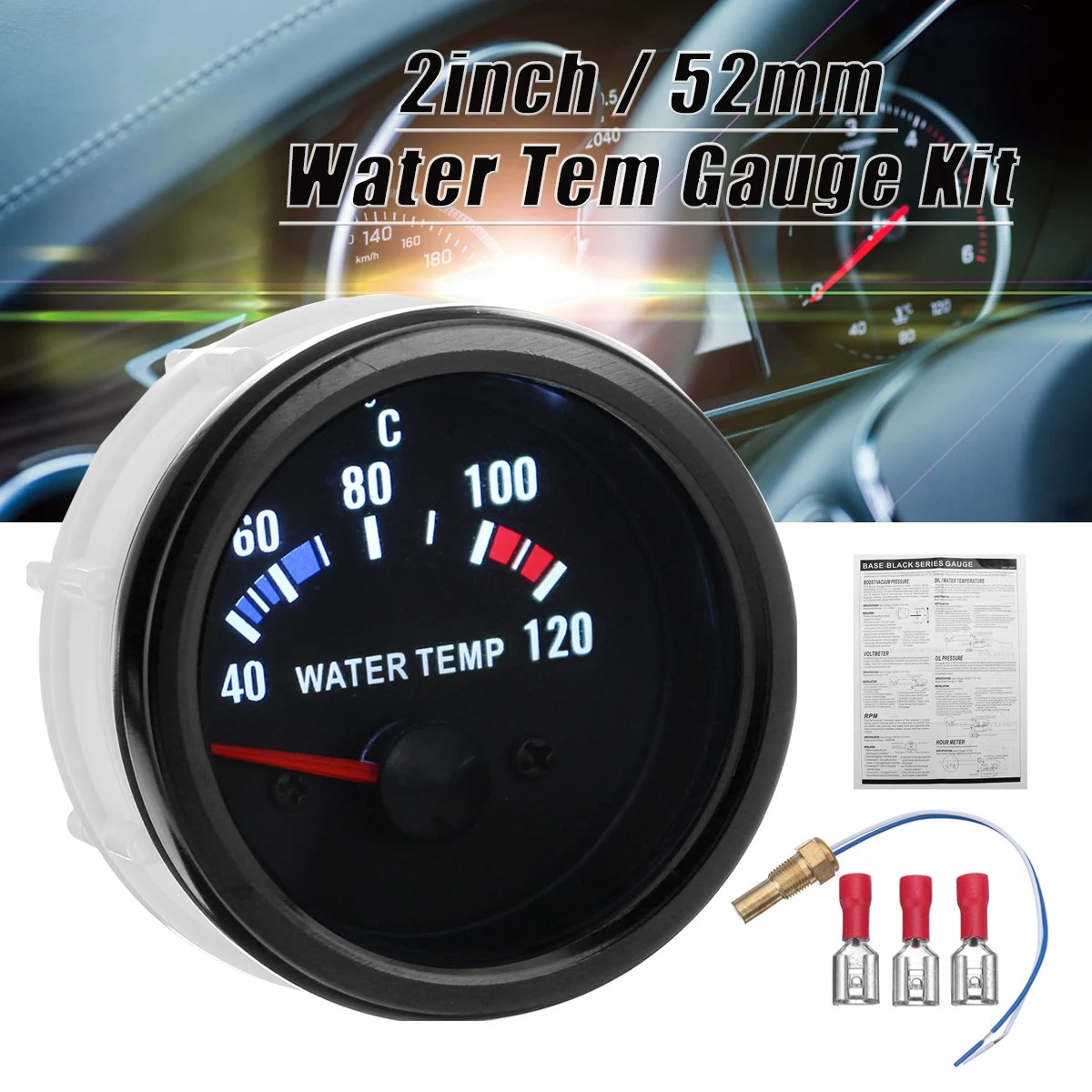 700C Universal 2" 52MM Black Pointer Dial Car Water Temperature Temp Gauge 12V 