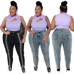 Inverno mais tamanho 4xl 5xl mulher calças de brim cintura alta magro bodycon rendas até oco para fora preto leggings y2k calças outfits
