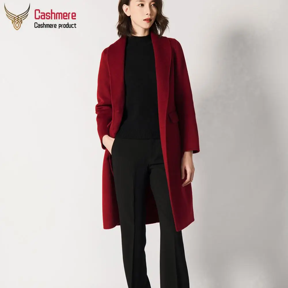 wine red Женское шерстяное двухстороннее шерстяное пальто, женское осеннее зимнее корейское длинное пальто, простое модное красное пальто, утепленное пальто - Цвет: wine red